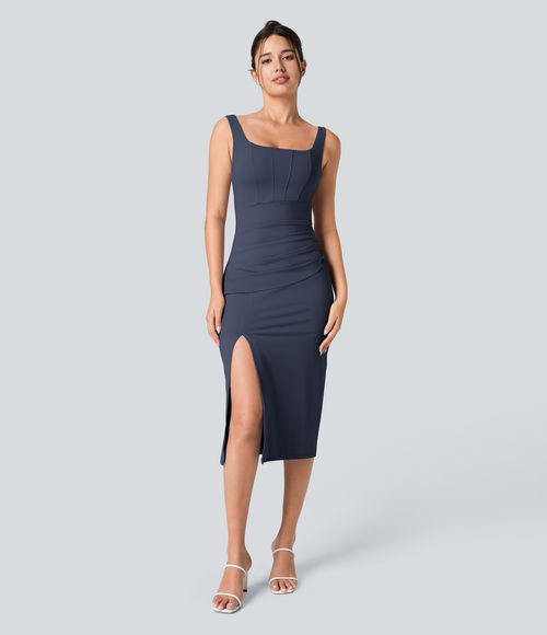Softlyzero™ Airy Square Neck Backless Corset Ruched Split Bodycon Midi Cool Touch Bridesmaid and Wedding Guest Dress Casual Dress - Mood Indigo