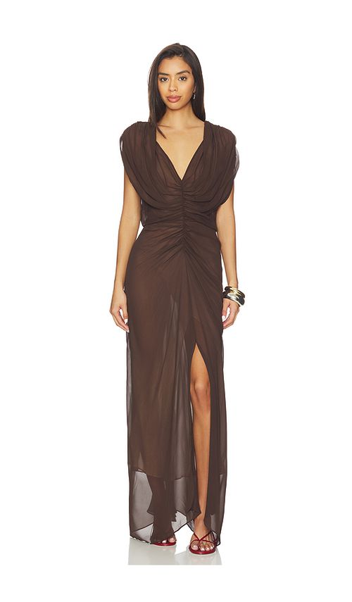 Courtney Zheng Ruched V Neck Gown in Dark Brown. S also in