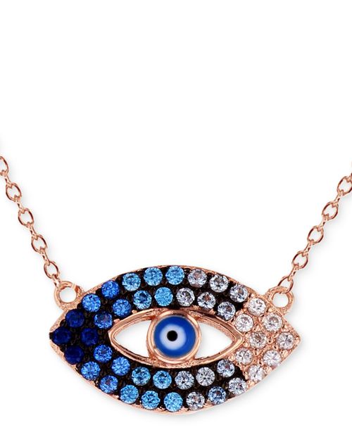 "Cubic Zirconia & Enamel Evil Eye Pendant Necklace in 14k Rose Gold-Plated Sterling Silver, 16"" + 1"" extender - Medium Blu"