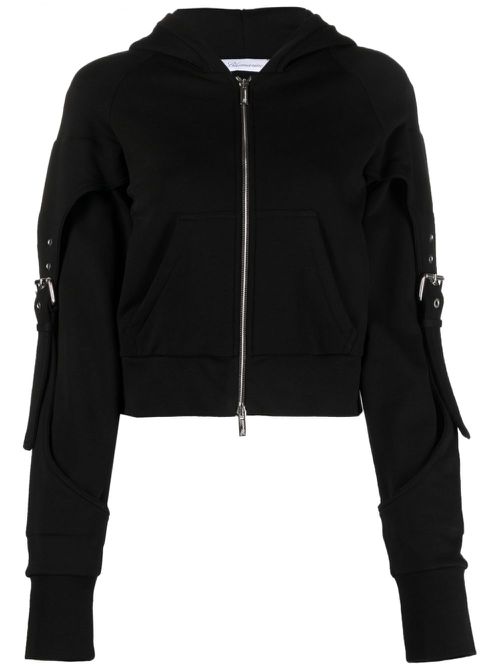 Buckle-detail zip-up cotton hoodie - Black