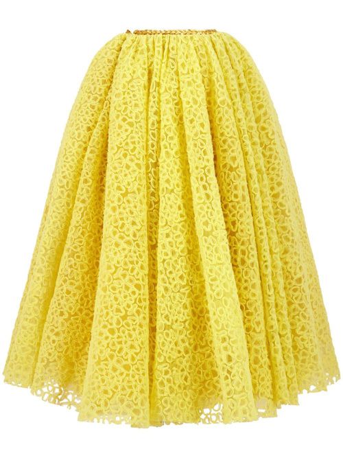 Lace-embrioidered full skirt - Yellow