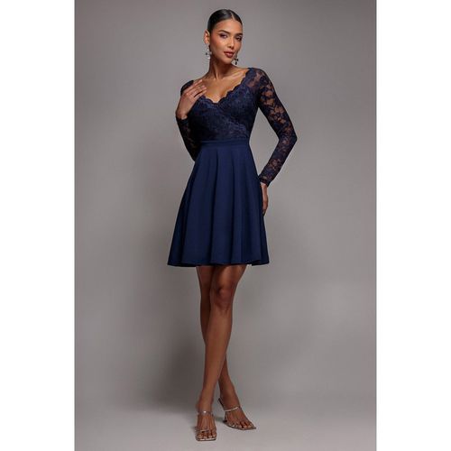 Goddiva Off The Shoulder Lace Skater Mini Dress - Navy Blue