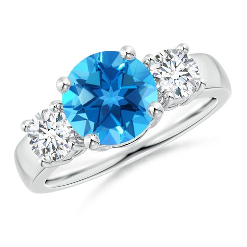 Angara 2.35 Carats Classic Round Swiss Blue Topaz and Diamond Three Stone Engagement Ring in Silver