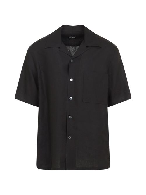Regular-Fit Linen Cuban Collar Button-Down Shirt with Chest Pocket