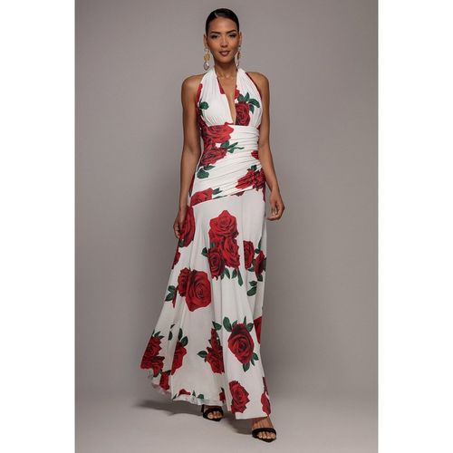 Goddiva Floral Halter Neck Empire Waist Gathered Maxi Dress - Rose Print