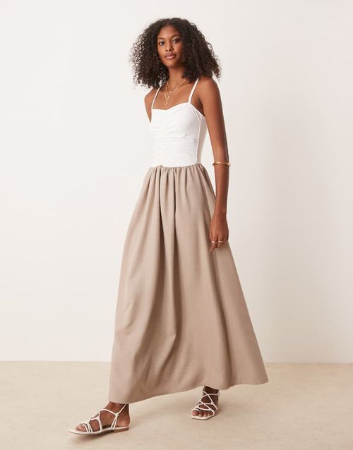 Hybrid dropped waist ruched top maxi dress in neutral