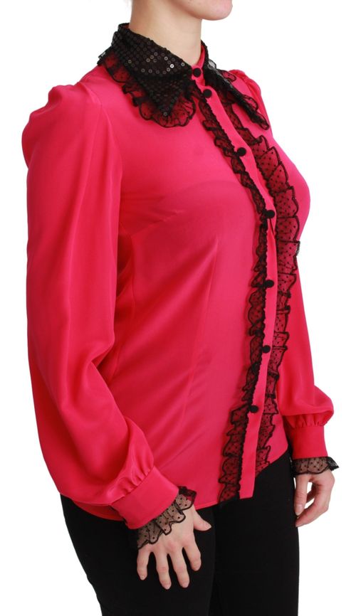 Silk with Black Sequin Lace Trim Blouse — Pink