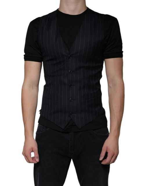 Pinstriped Leather Vest — Black