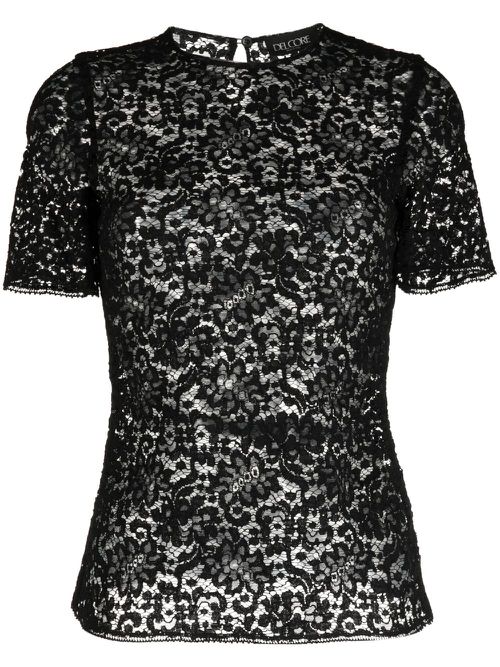 Floral-lace short-sleeved T-shirt - Black