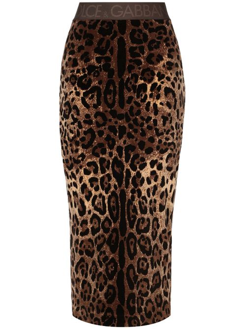 Chenille leopard-print midi skirt - Brown