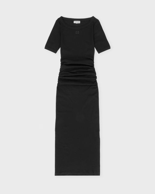 Ganni Dress Soft Cotton Rib Short Sleeve Black