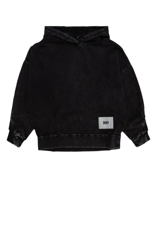 Denim-Washed Cotton Hoodie — Black