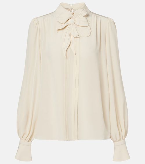Floral-appliqué silk crêpe de chine blouse