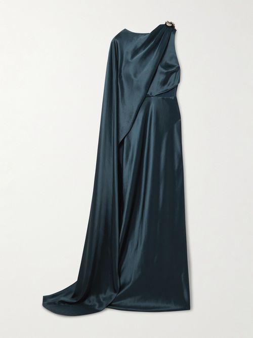 Phoenix Cape-effect Crystal-embellished Draped Satin Gown - Blue