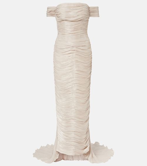 Off-shoulder pleated bustier gown