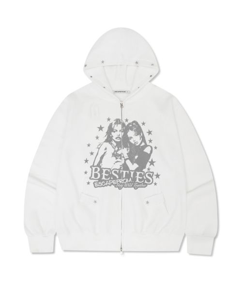 Bestie ESCF Print Star Rivet Point Fleece Two-Way Hoodie Zip-Up