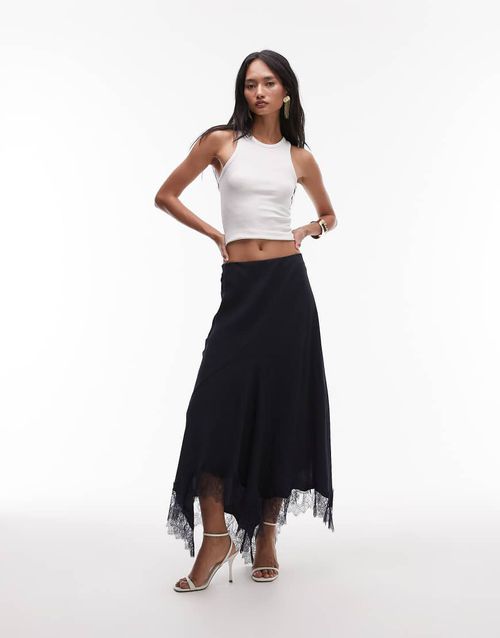 & satin maxi skirt with asymmetric lace trim hem in blue-Navy