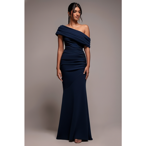 Goddiva Pleated One Shoulder Bardot Fit And Flare Maxi Dress - Navy Blue
