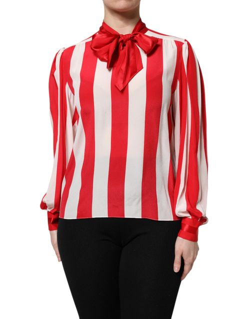 Striped Silk Ascot Blouse — Red