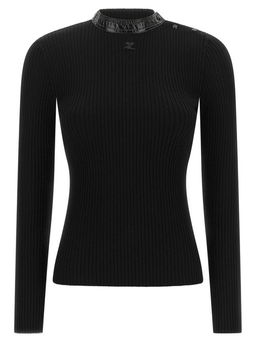 Vinyl Collar Ribbed Sweater — Black