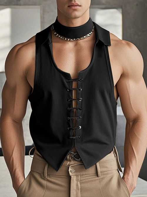 Mens Drawstring Crisscross Design Casual Tank SKUK94626 - Black / S