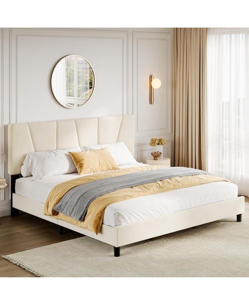 Upholstered Bed Frame- Adjustable Velvet Headboard Wood Slats No Box Spring Needed