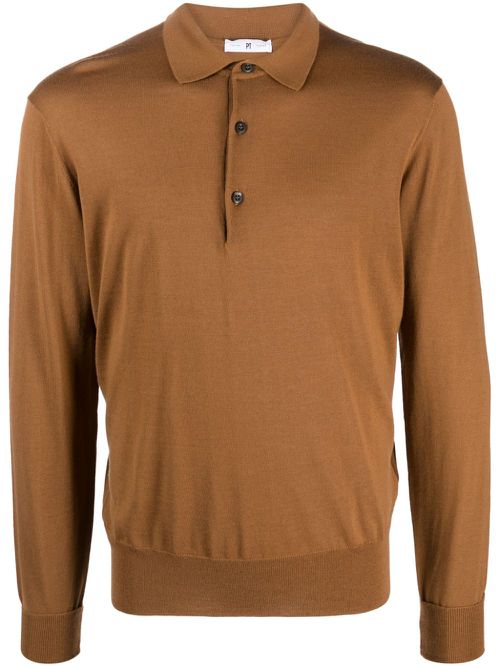 Fine-knit virgin-wool polo jumper - Brown