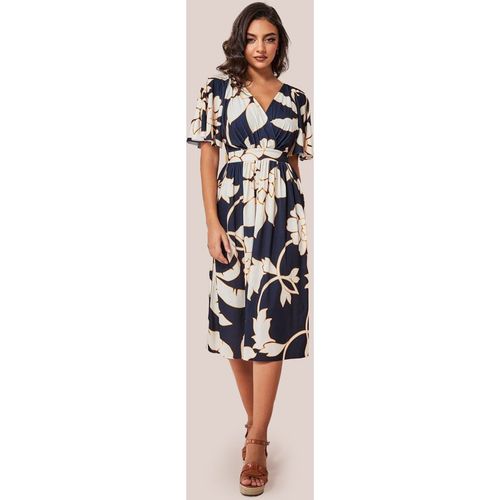Goddiva Leaf Print Flutter Sleeve Midi - Navy