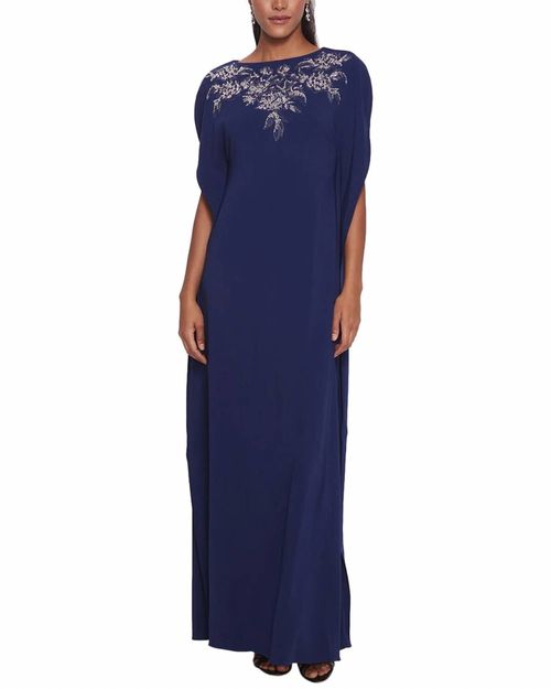 Embroidered Crepe Kaftan In Navy