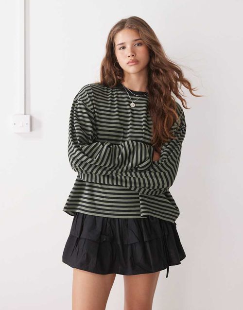 Bloom cotton long sleeve crew neck boxy t-shirt in green & black stripe-Multi