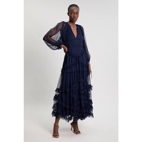 Karen Millen Women's Tulle Layered Long Sleeve Maxi Dress in Navy