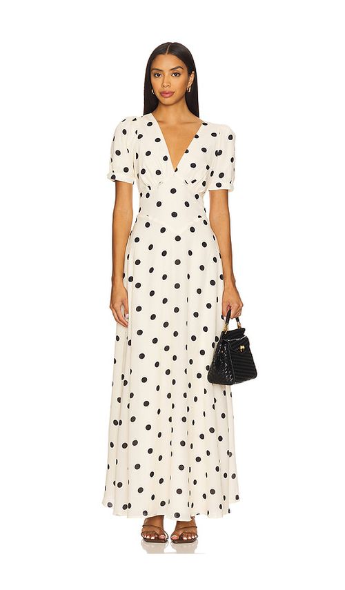 MORE TO COME Devin Maxi Dress in Cream Polka Dot. XL also in