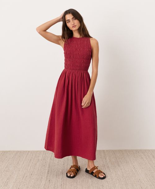 Women's Poppy Red Coastal Double Gauze Smocked Dre