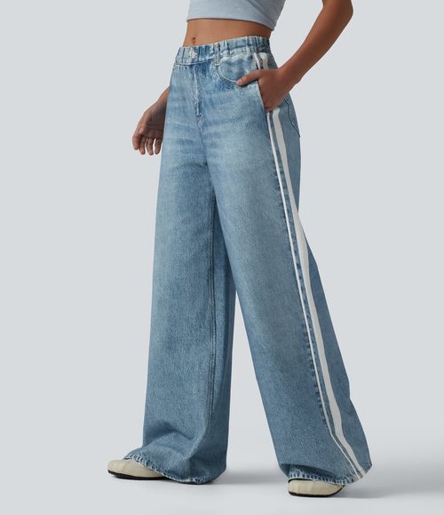 Mid Rise Denim Print French Terry Stripe Casual Sweatpants Jeans with Pockets  - Light Ocean Denim