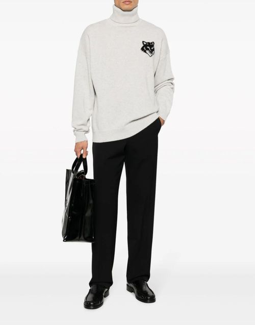Fox Head Intarsia Logo Turtleneck Sweater — Gray