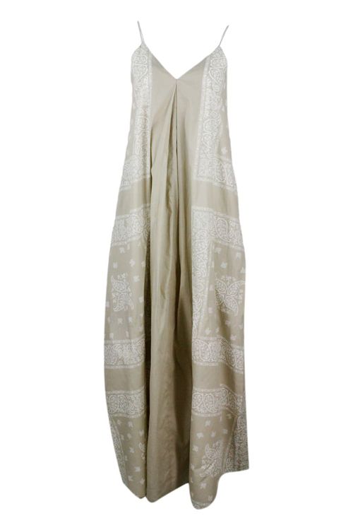 Long Dress In Cotton With Bandana Fantasy Print From The Asymmetrical A-line With Shoulder Straps In Rows Of Brilliant Jewels