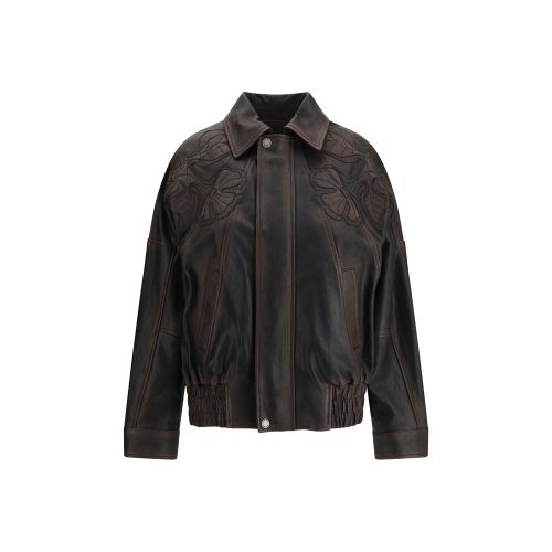 Laser-Cut Floral Embroidery Leather Jacket — Brown