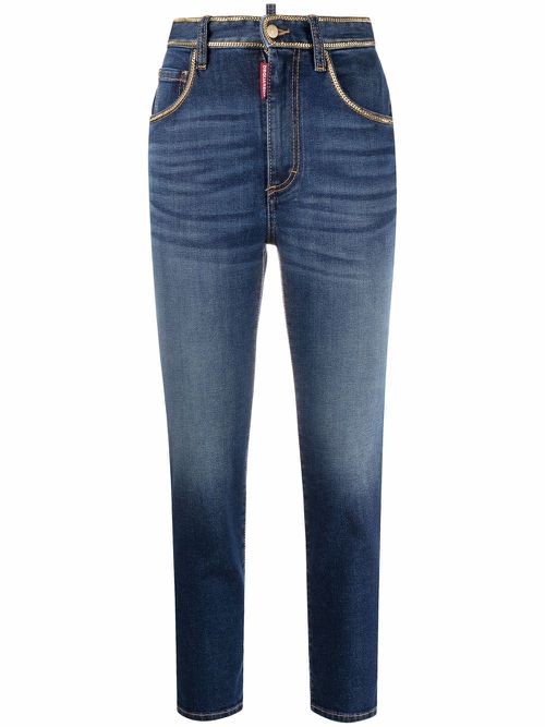 High-waisted chain-trim cropped jeans - Blue
