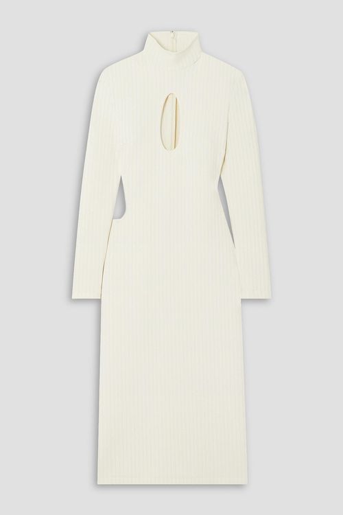 Cutout ribbed stretch-knit midi turtleneck dress