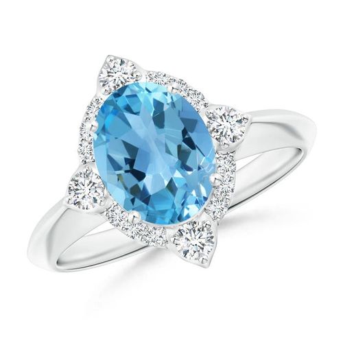 Angara 2.25 Carats Oval Swiss Blue Topaz Compass Ring with Diamond Halo in Platinum