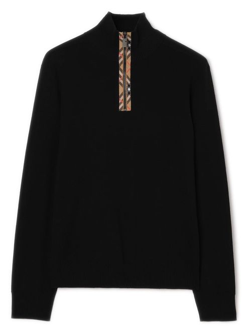 High Neck Sweater with Check Detail on the Front in Wool and Cotton for Men