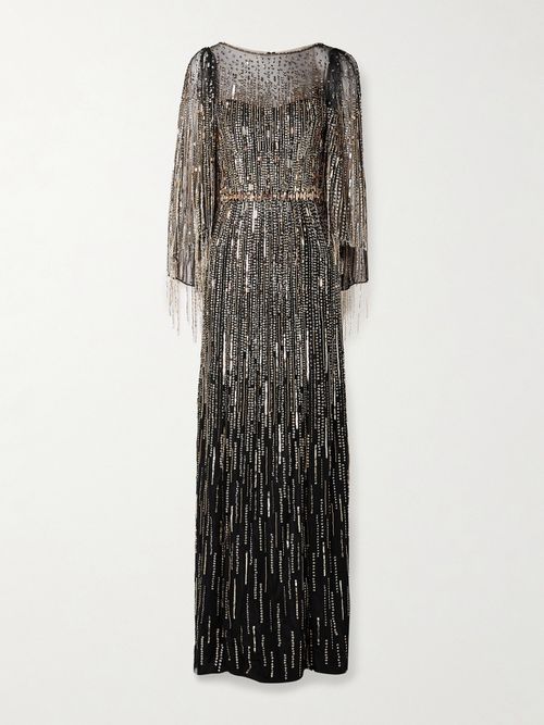 Rhapsody Fringed Embellished Tulle Gown - Black