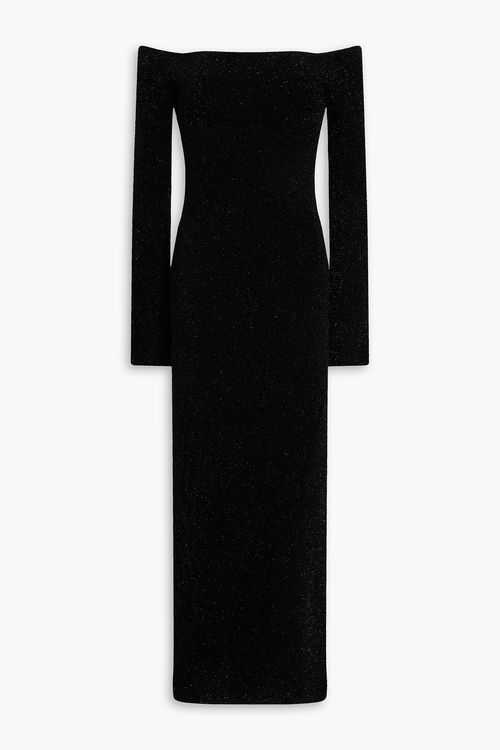 Off-the-shoulder metallic knitted midi dress