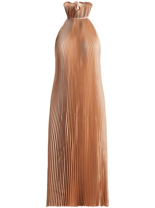 Fully-pleated sleeveless dress - Brown