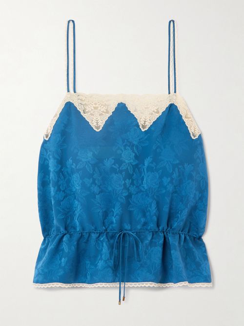 Lace-trimmed Silk-jacquard Camisole - Blue