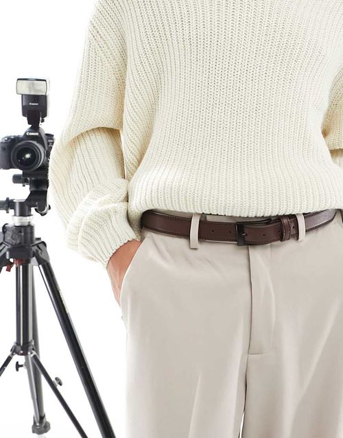 Faux leather belt with contrast black stitch in brown