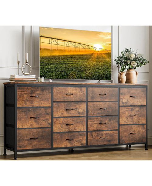 "63"" W Long Fabric Dresser Tv Stand with 14 Drawers and Power Outlets, for 65â75 Inch TVs - Brown"