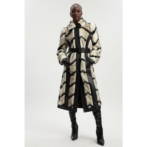 Karen Millen Womens Panelled Stripe Faux Fur Pu Belted Long Coat - Monochrome Multi