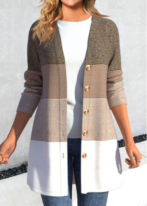 Modlily Light Camel Button Striped Long Sleeve Coat