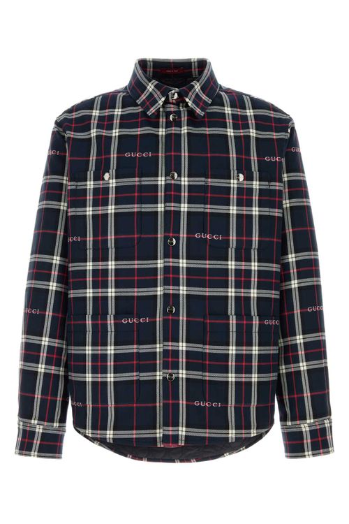 Embroidered Cotton Plaid Shirt — Navy